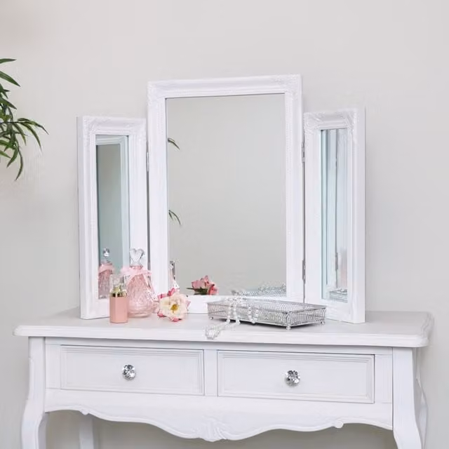 Melody Maison Ornate Vintage Triple Tabletop Dressing Table Mirror in White