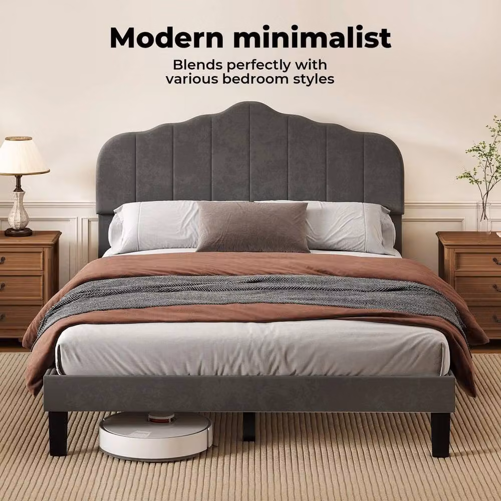 VOGREX Grey Modern Linen Upholstered Small Double Platform Bed Frame W/D/H: 124 x 120 x 106 cm – 4