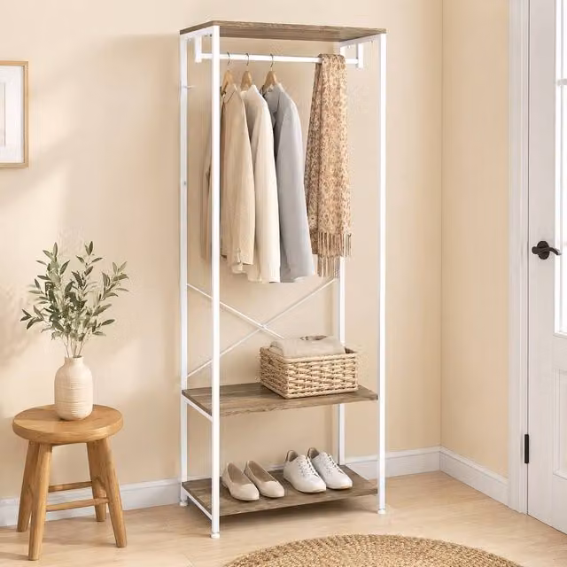 STILVORA Hall Tree with Bench and 2 Shelves in White and Multicolour with Metal Frame – 1