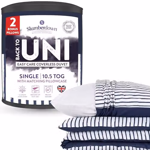 Slumberdown Back to Uni Single Bed Set, 10.5 Tog Navy Striped Coverless Duvet, 2 Pillows and Matching Pillowcase – 1