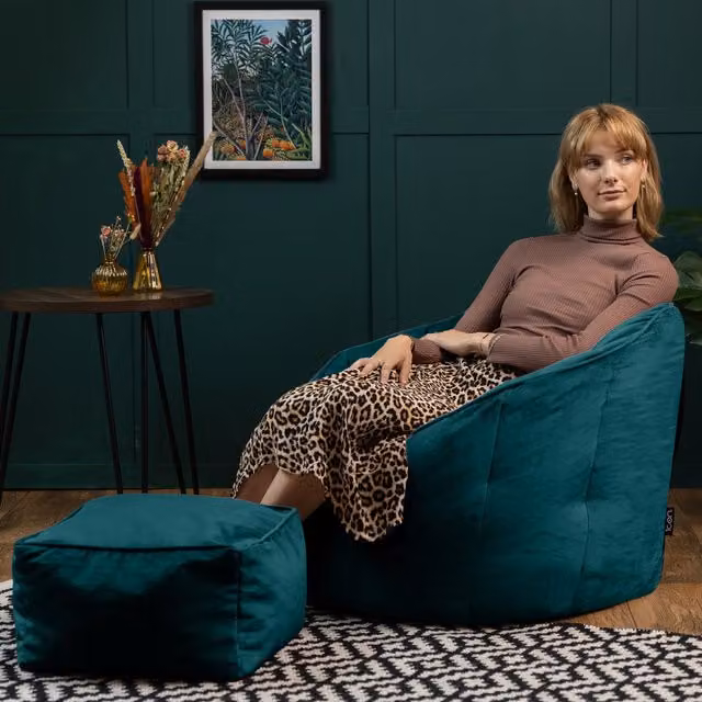 icon Sirena Velvet Accent Chair and Bean Bag with Footstool in Petrol Green