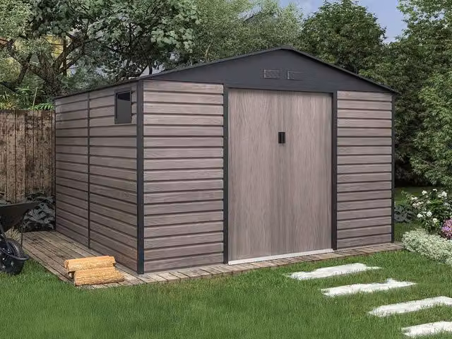 Vente-unique ADELMO Galvanised Steel Garden Shed in Grey Wood Effect with Double Doors and Window, 10.98 m2 – 1