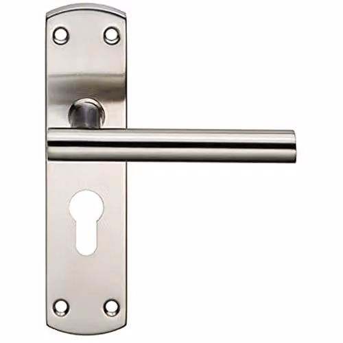 Loops Mitred T-Bar Lever Door Handle on Euro Lock Backplate, Brushed Stainless Steel, W: 17.2 cm, H: 4.4 cm
