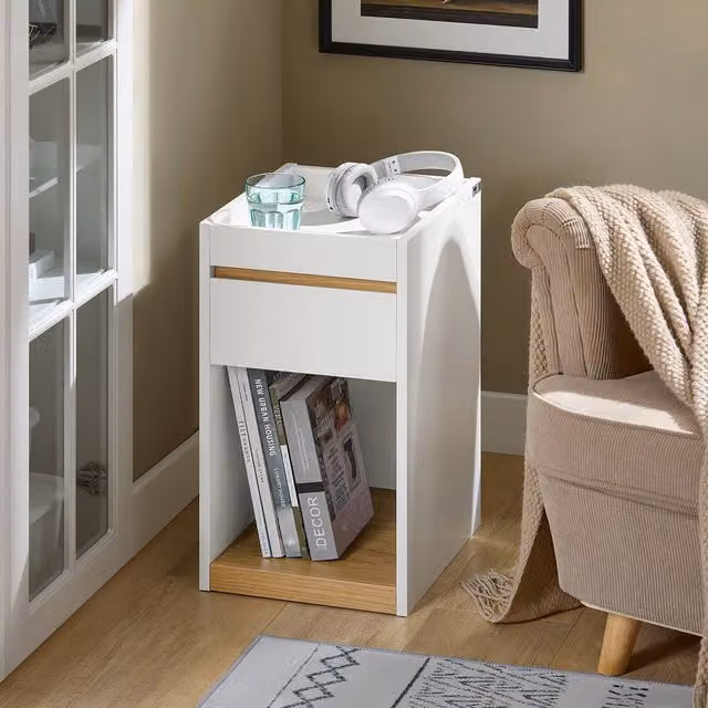 SoBuy Modern Compact Nightstand with Top Tray and Drawer in White – 1