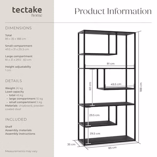 tectake Modern Shelving Unit with 7 Adjustable Shelves in Black, H 188 x W 85 x D 35 cm – 2