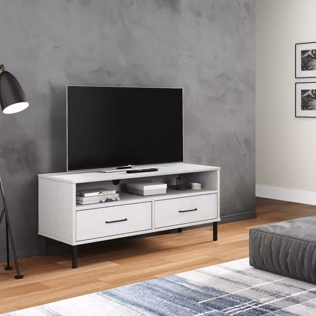 Berkfield Home Oslo TV Cabinet in White Solid Pine Wood with Metal Legs – 1