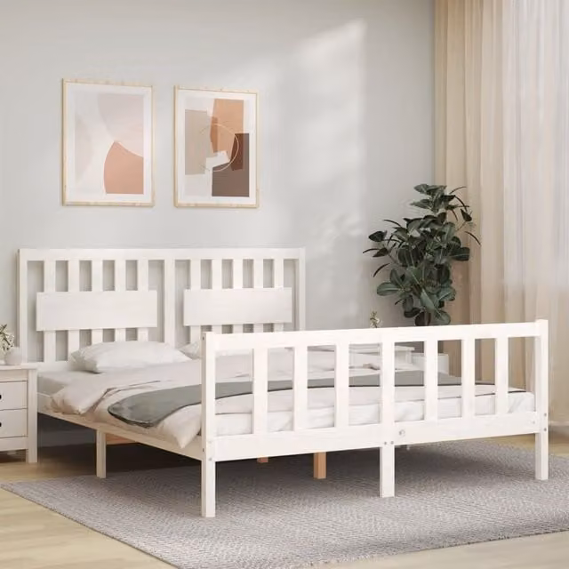Berkfield Home White Solid Pine Wood Bed Frame with Headboard W/D/H: 160 x 200 cm – 1