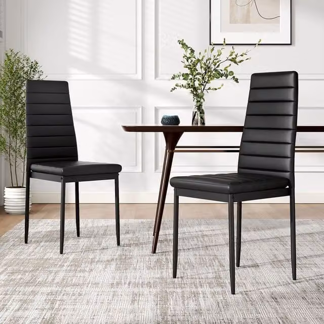 Komore Set of 2 Modern Black Faux Leather High-Back Armless Dining Chairs