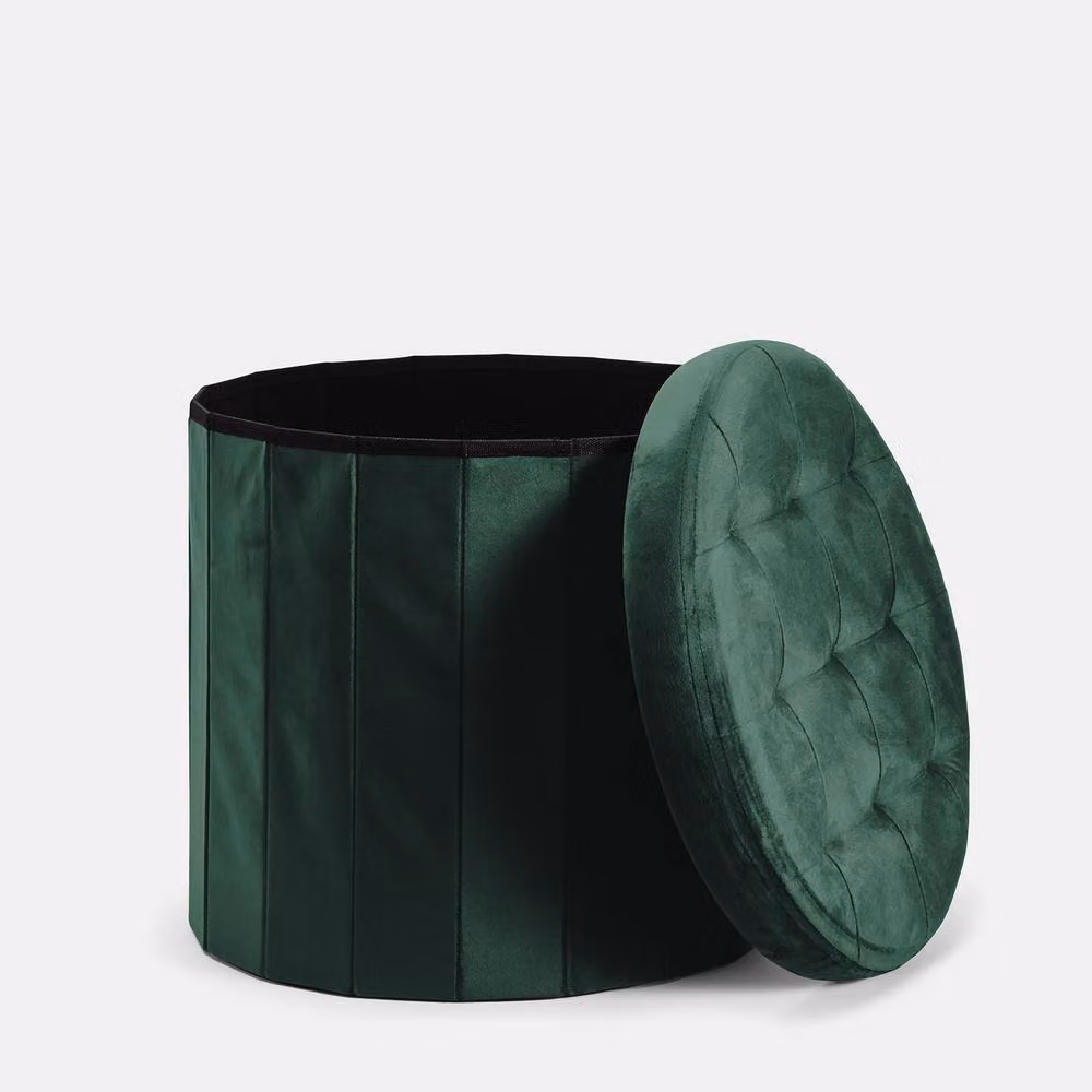 OHS Matte Velvet Round Ottoman Storage Stool in Green – 2
