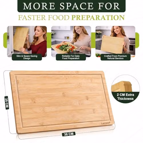Lazzaro Brown Bamboo Chopping Board Set of 2, Reversible Rectangular Wooden Cutting Boards with Juice Groove, W: 38 cm, D: 25 cm, H: 2 cm – 3