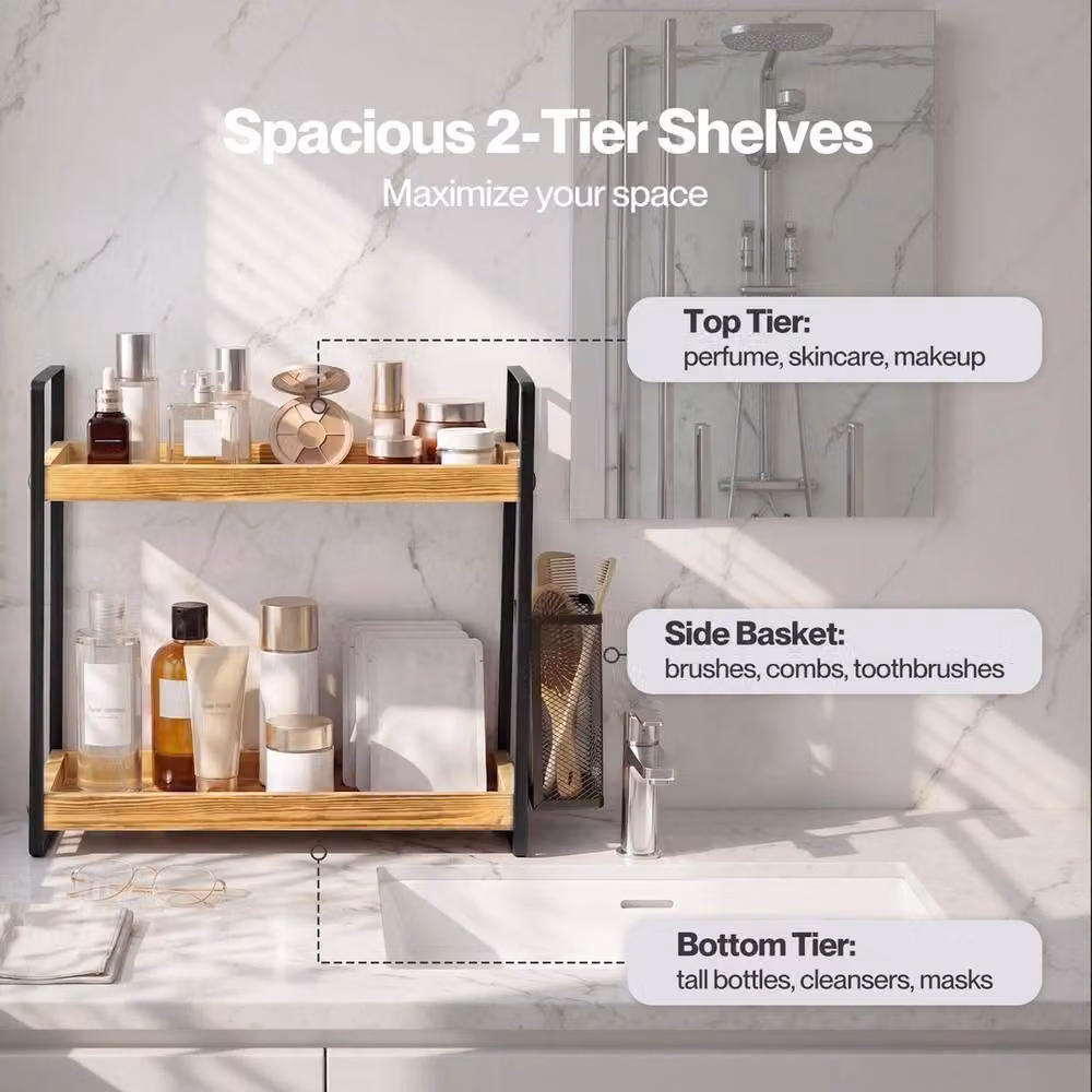VOGREX 2-Tier Countertop Bathroom Skincare and Perfume Storage Shelf in Natural Brown – 4