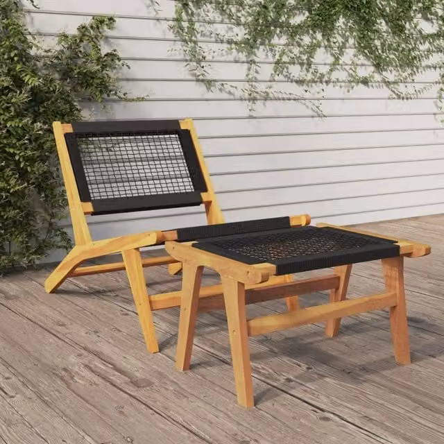 Berkfield Home Brown Teak Wood Garden Chair with Ottoman and UV-Resistant Polyester Fabric