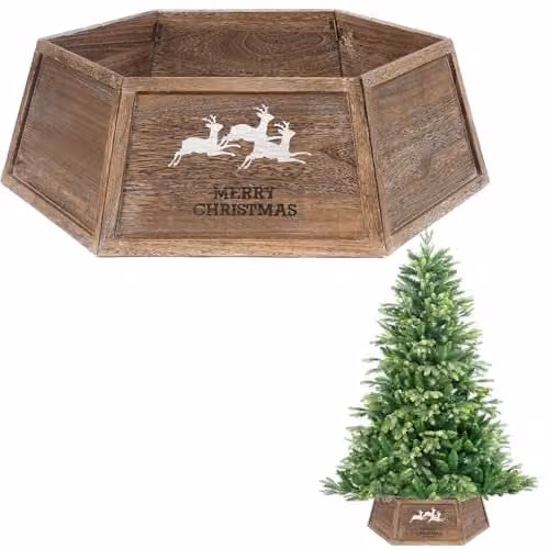Shatchi Rustic Brown Wooden Hexagon Christmas Tree Collar and Base Cover – 1