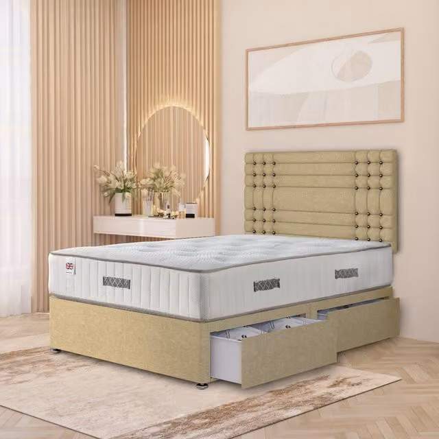 Somnior Beds Ltd Saville Linen Divan Bed Set with 32 inch Headboard and Orthopaedic Mattress in Beige, Super King, W/D/H: 200 x 200 cm
