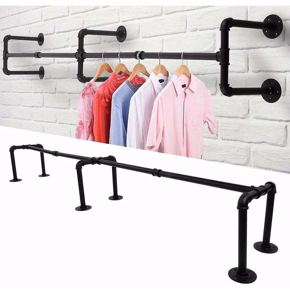 VOGREX Industrial Matt Black Wall Mount Continuous Linear Clothes Rail, Width: 184 cm – 5