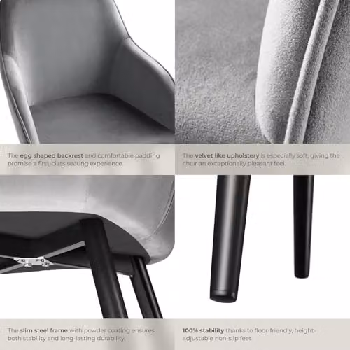 tectake Set of 8 Marilyn Dining Chairs in Grey Velvet Look with Black Metal Legs – 6