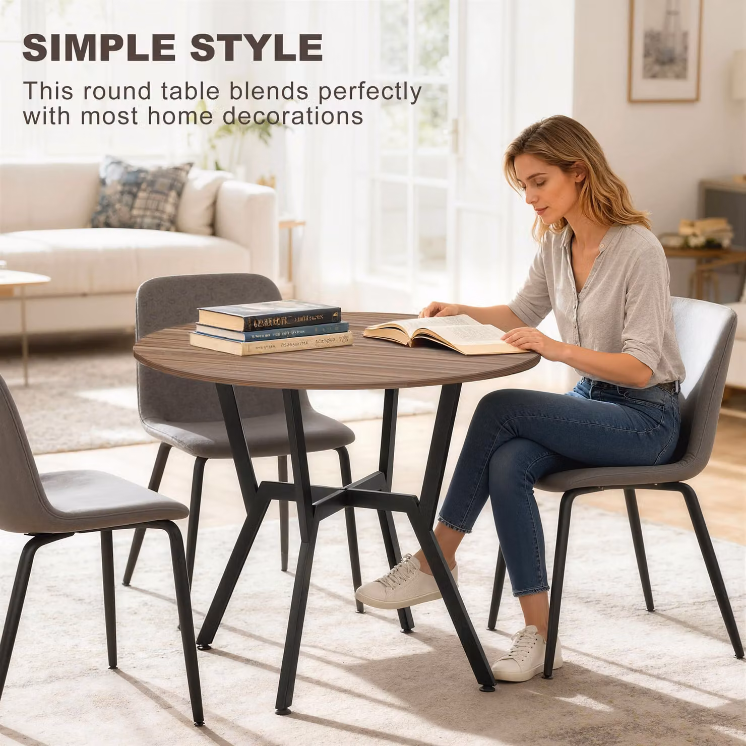HOMCOM Round Brown Wood Dining Table with Black Metal Legs, W/D/H: 90 x 76 x 76 cm – 5