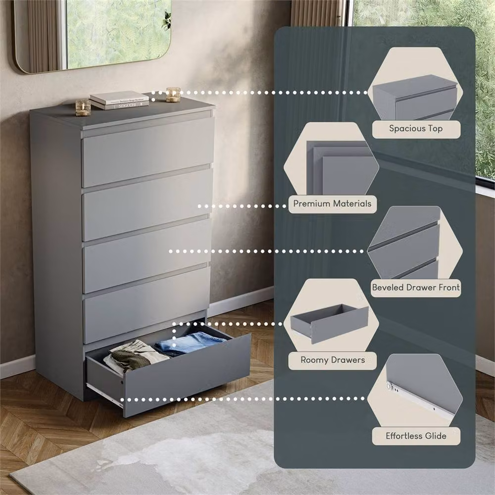 NESTLUNE Grey 5 Drawer Chest of Drawers Storage Cabinet – 4