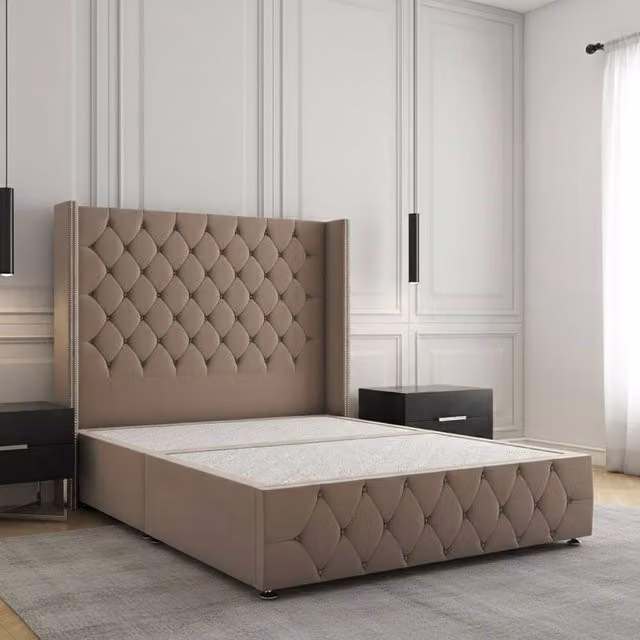 REGIONAL FURNISHINGS Double Plush Velvet Divan Bed with 54 inch Headboard and Footboard in Bronze, W/D/H: 140 x 200 cm