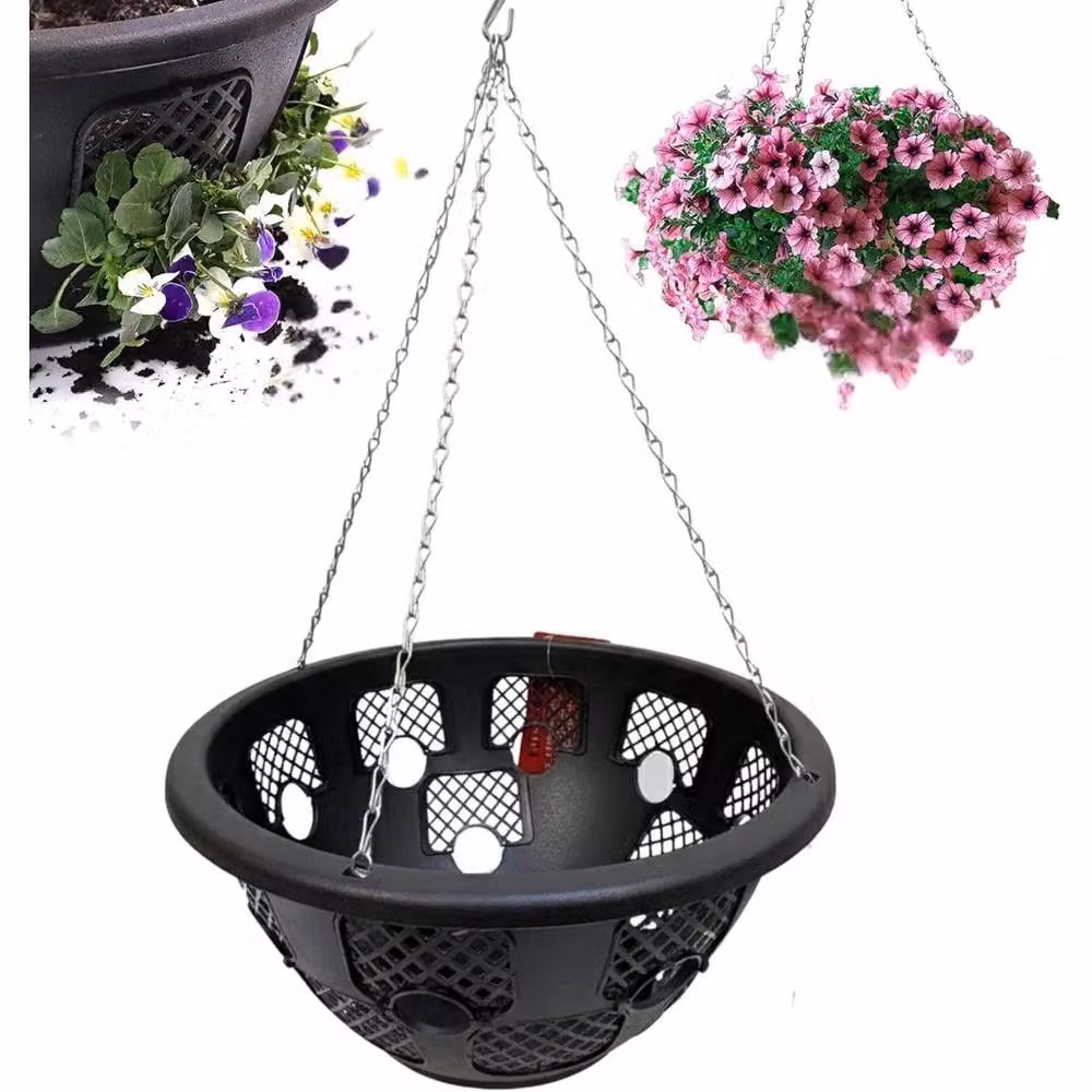 FLAVORA Pack of 3 Black Plastic Hanging Baskets with Chains, Diameter: 35.56 cm – 2