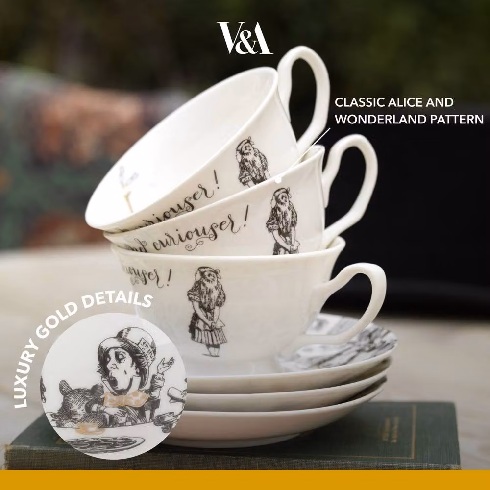 Creative Tops Alice in Wonderland Bone China Tea Cup and Saucer, White and Gold, 210 ml – 5