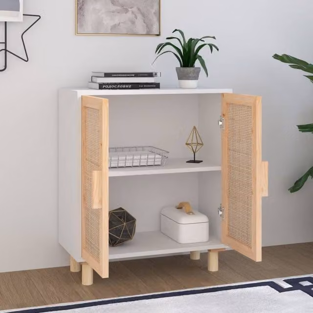 Berkfield Home White Sideboard in Solid Pine and Natural Rattan, W/D/H: 60 x 30 x 70 cm