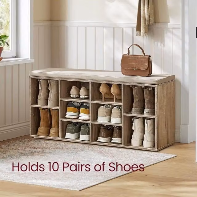VASAGLE 10 Compartment Shoe Bench Storage Unit with Fabric Cushion in Brown and Beige – 1