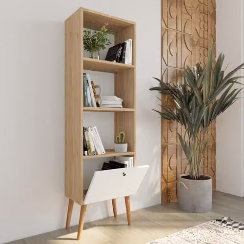 Bimossa Janus Wooden Bookcase with Cabinet and 3 Shelves, Oak and White Modern Small Bookshelf for Living Rooms and Childrens Bedrooms, W/D/H: 49.0 x 30.0 x 168.0 cm – 2