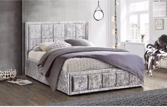 Birlea Hannover Double Ottoman Bed Frame in Silver Grey Crushed Velvet Fabric with Gas Lift Storage