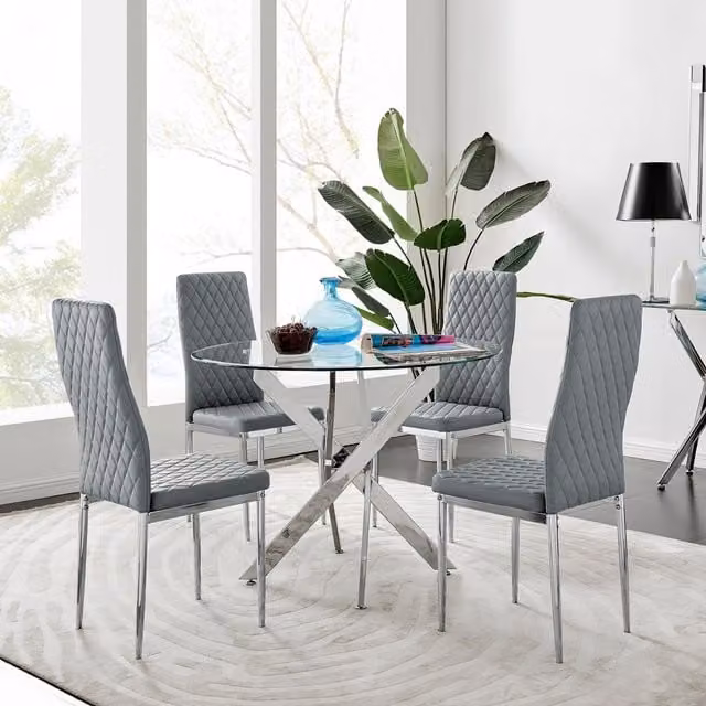 FurnitureboxUK Novara Round Clear Tempered Glass Dining Table with 4 Grey Milan Dining Chairs Set, Diameter: 100 cm – 1