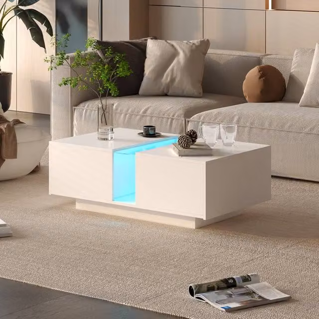 KEEPREAPER Modern Rectangular Coffee Table with Storage and Sliding Drawers in White Glossy Wood Finish