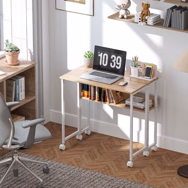 HOMCOM Foldable Computer Desk with Castors in Natural and White – 1