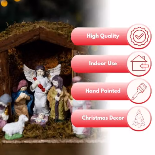 Marco Paul Interiors Traditional Hand-Painted Wooden Nativity Scene Set with Resin Figurines, Multicolour, Height: 38 cm – 3