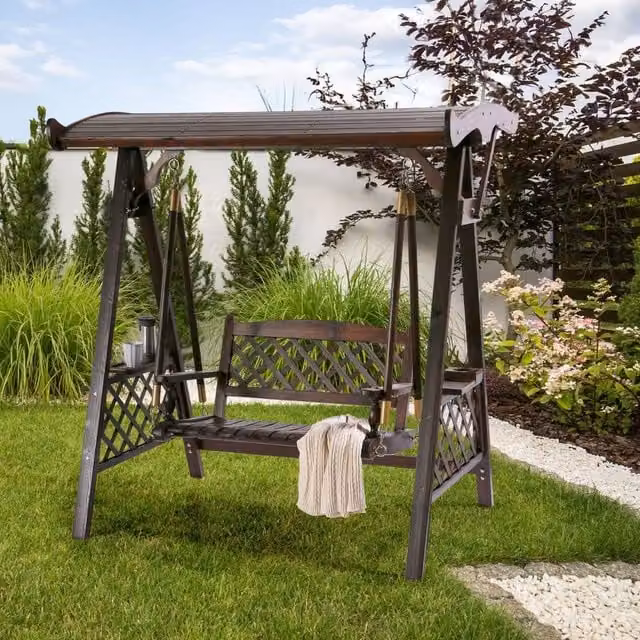 Wyld and Coco 2-Seater Spruce Wood Garden Swing Canopy with Sun Canopy and Side Tray in Rustic Brown – 1