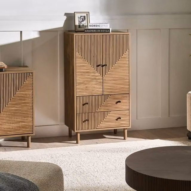 Wyld Haus Modern Highboard in Brown with Pine Legs, Two Drawers and Cupboards