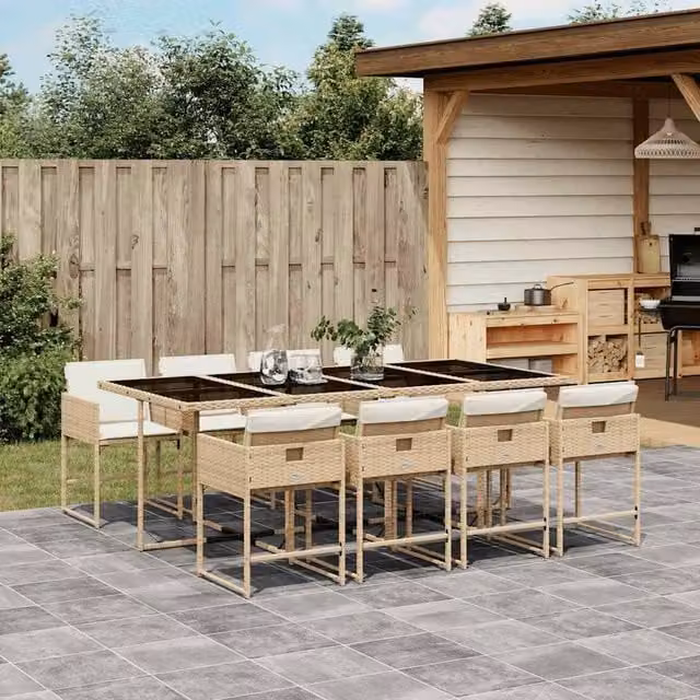 Berkfield Home Garden Dining Set in Beige and Black with Poly Rattan and Tempered Glass