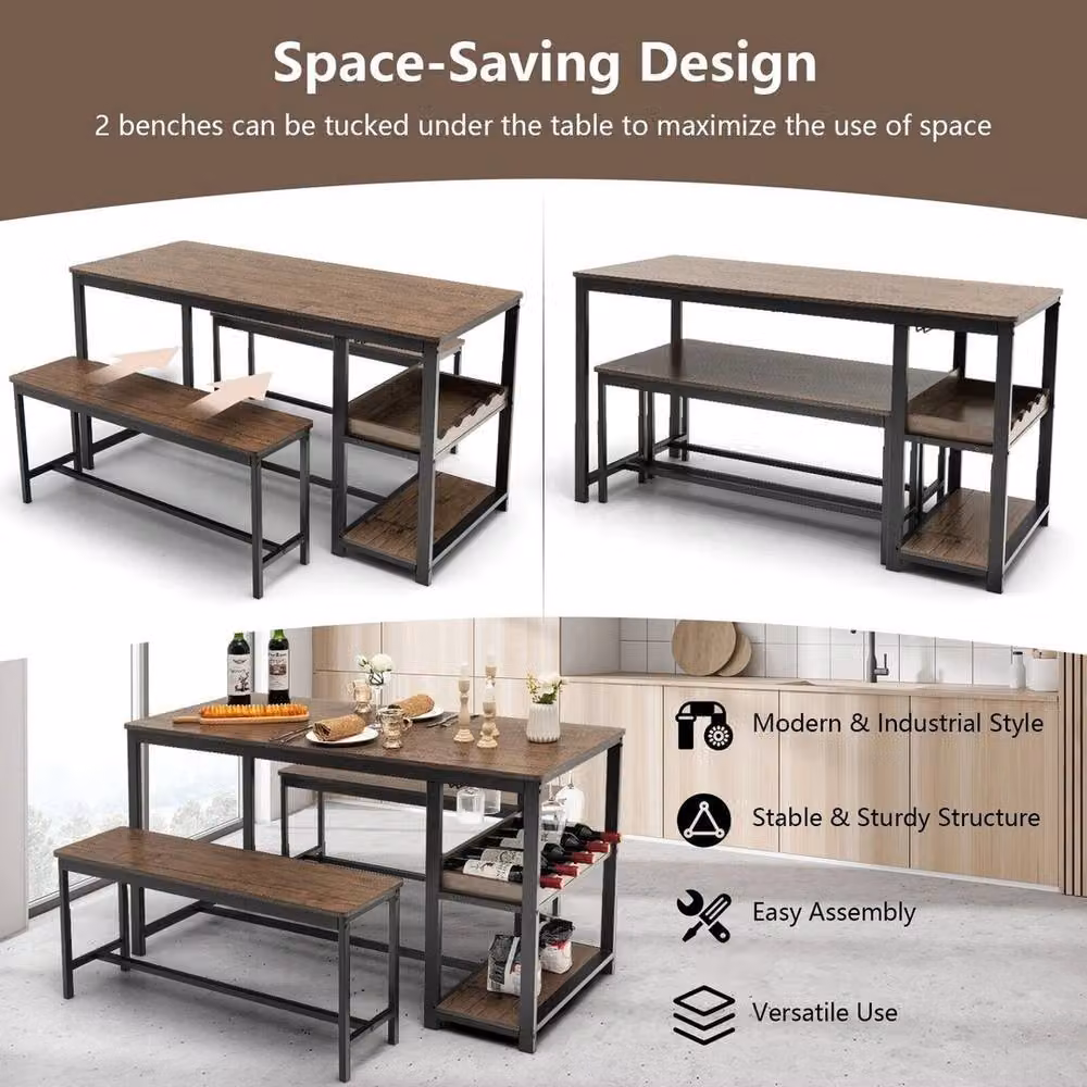 VOGREX 3-Piece Industrial Dining Table Set with 2 Benches and Storage Shelf in Brown – 5
