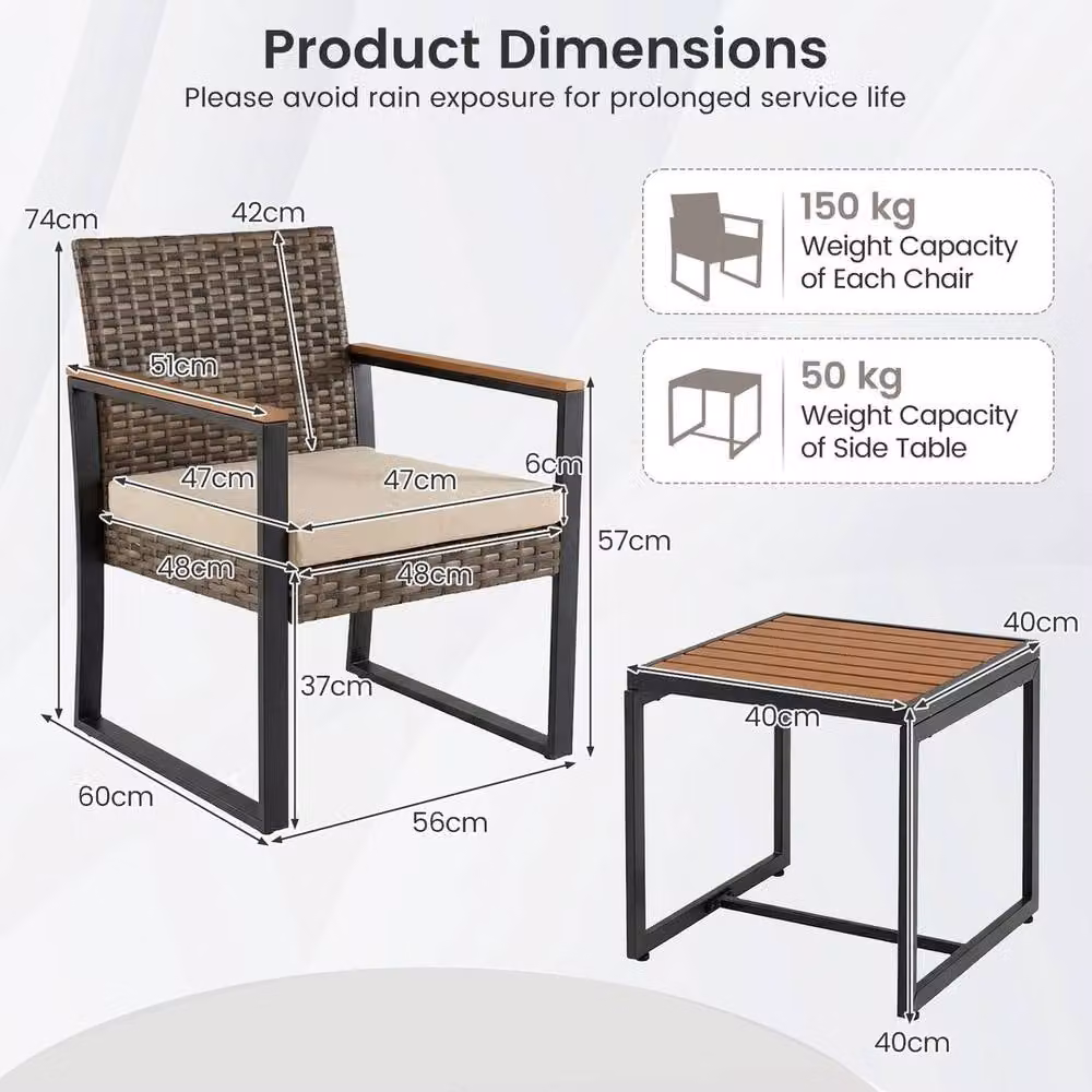 Hinsinc 3 Piece Brown PE Wicker and Metal Outdoor Patio Bistro Set – 2