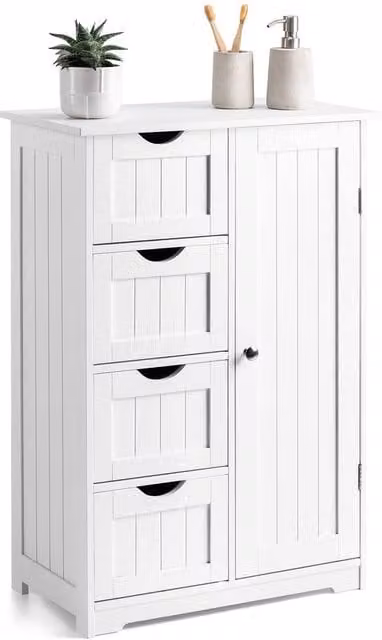 Christow White 4 Drawer Freestanding Wooden Bathroom Cabinet with Silver Details, H: 82 cm, W: 56 cm, D: 30 cm