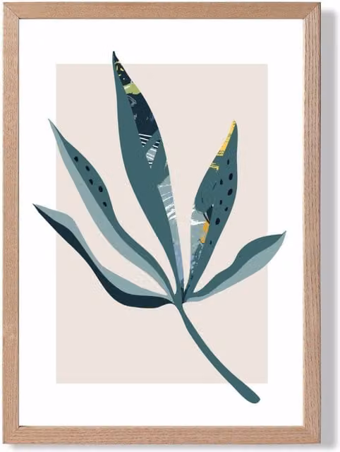ARTZE Mid Century Modern Palm Leaf Botanical Framed Print in Teal, Green and Purple with Oak Frame, A3