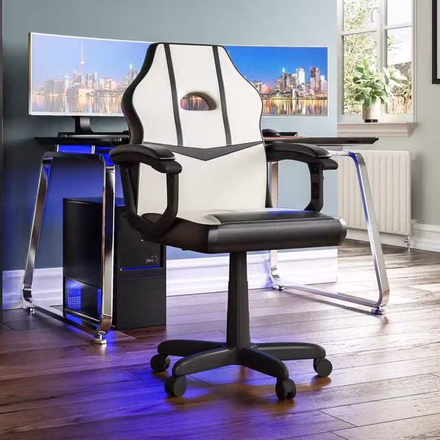 Vida Designs Modern White and Yellow Synthetic Leather Swivel Gaming Chair with Headrest, Armrests and Castors