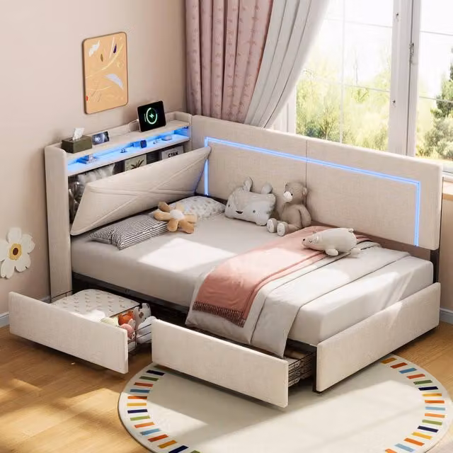 Merax 3ft Single Corner Daybed in Beige with 2 Drawers, LED Lights and USB Charging Station, W/D/H: 190 x 90 x 90 cm