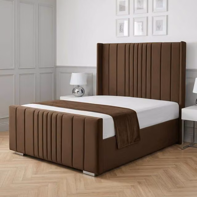 Living Comfort Bedz Cambridge Wingback Upholstered Velvet Bed in Brown, W/D/H: 120 x 200 cm