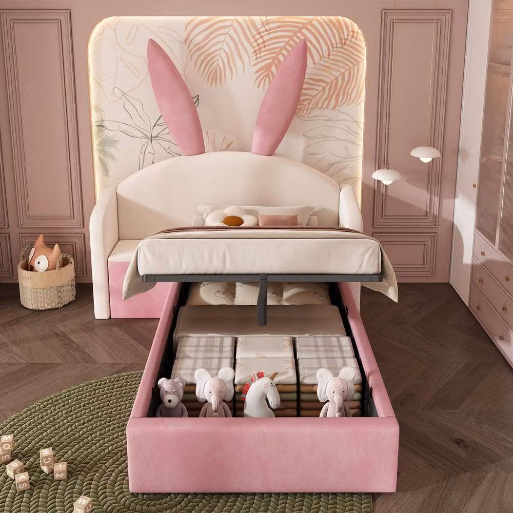 STILVORA Pink Velvet 3ft Single Junior Bed Frame with Lift Up Storage Base and Headboard – 3
