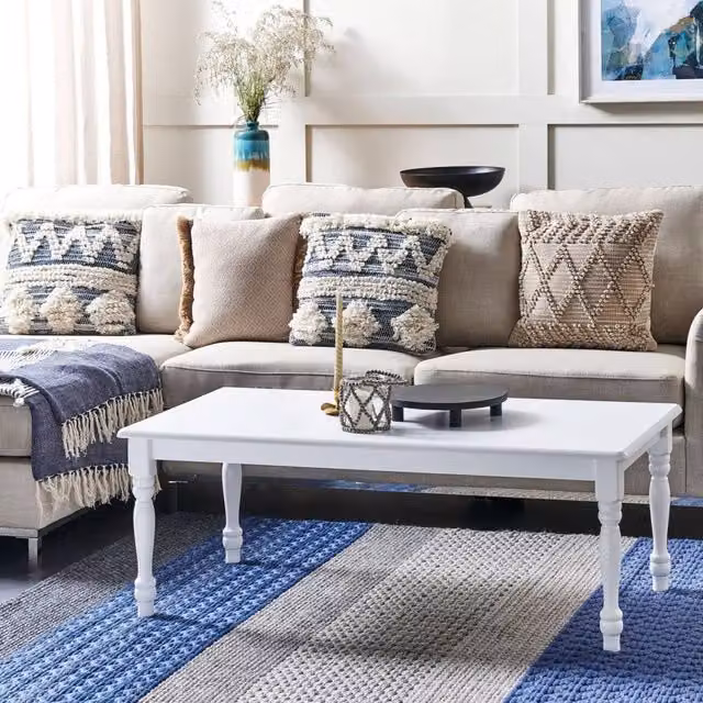 Wyld and Coco White Painted Rectangular Coffee Table with Turned Legs in Rubberwood and MDF