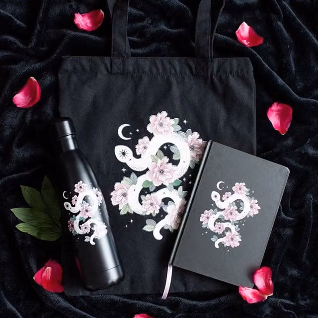 KDMK Floral Snake A5 Lined Hardcover Notebook with Ribbon Marker in Black, White and Pink