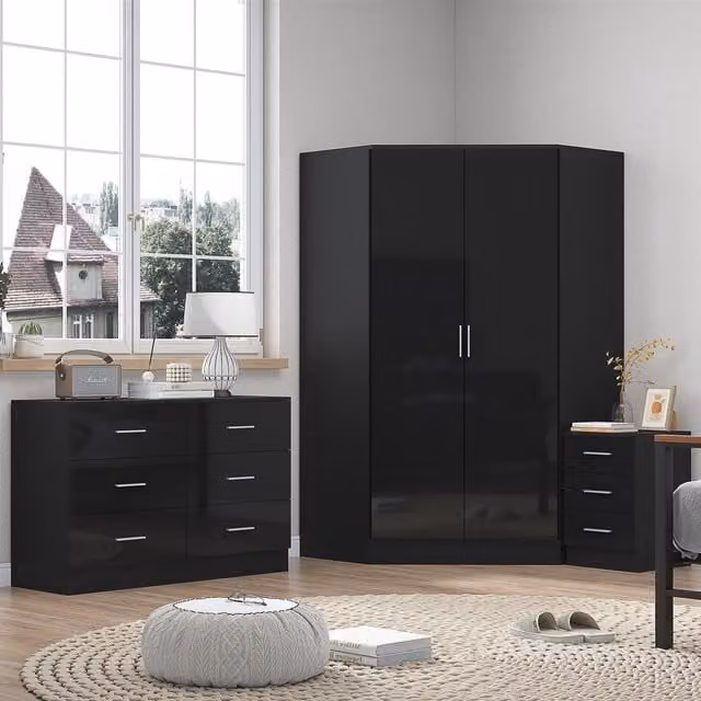 REFLECT Bedroom Furniture Bundle including Corner Wardrobe, Chest of Drawers and 3 Drawer Bedside Table in Black Gloss and Matt Black