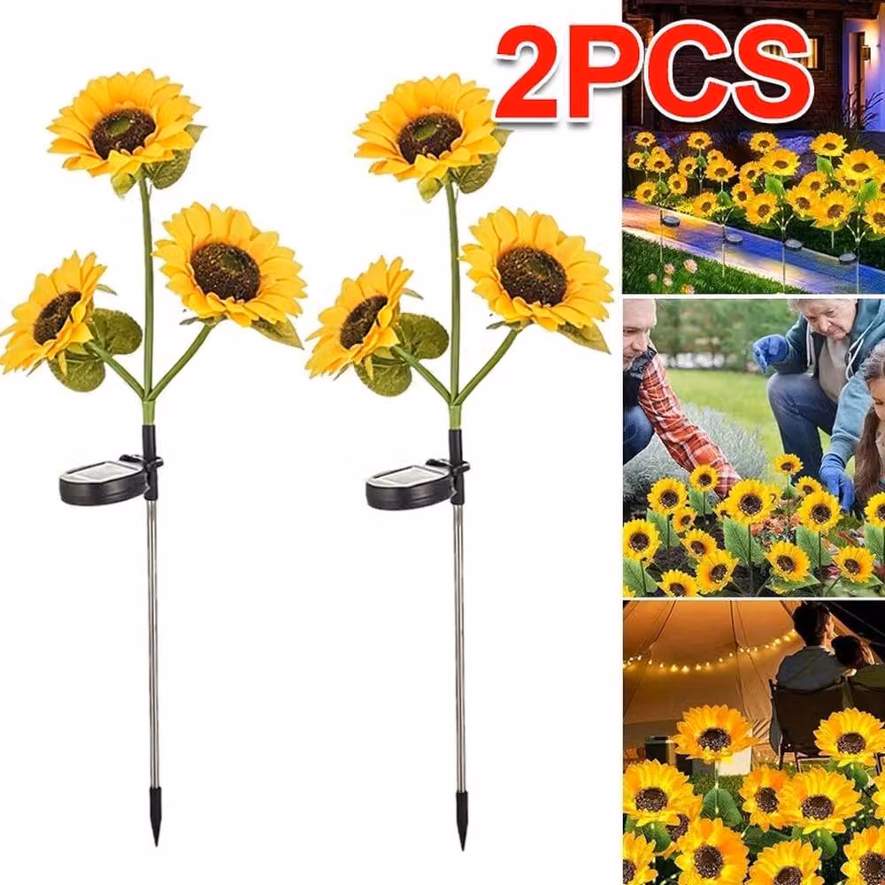 VOGREX 2-Piece Solar 3-Head Sunflower LED Garden Stake Lights in Yellow – 2