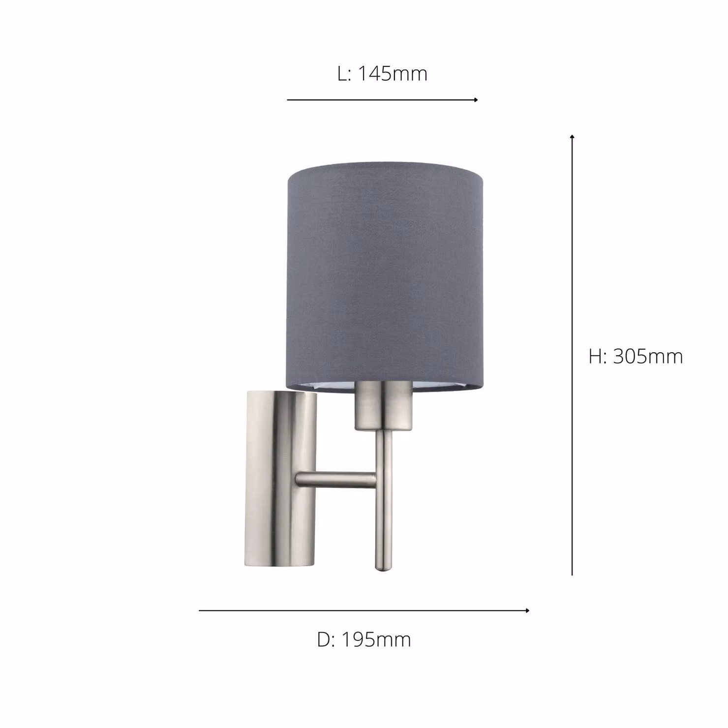 Eglo Pasteri Modern Grey Fabric and Metal Cylinder Wall Light with E27 Socket – 3