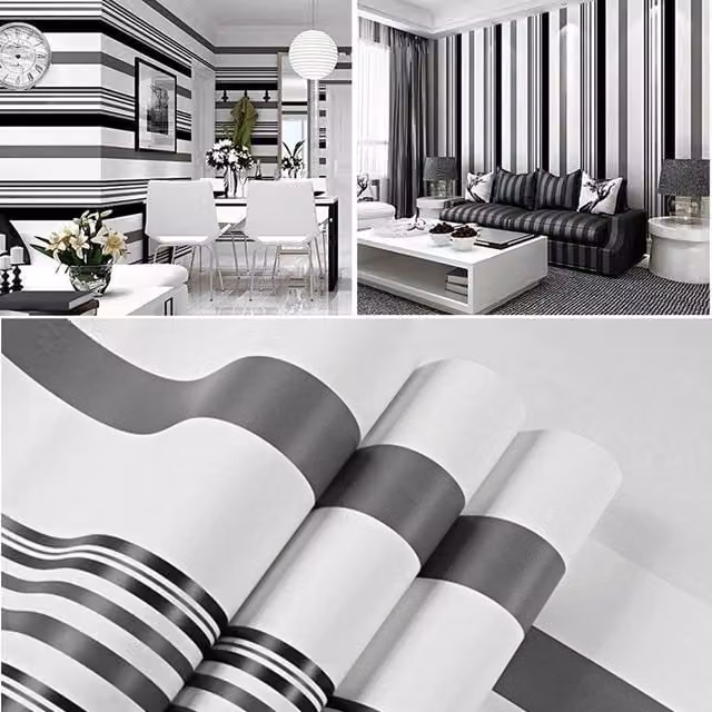 NESTLUNE Non-woven Striped Abstract Wallpaper in Charcoal Grey and Black, W/H: 100 x 100 cm